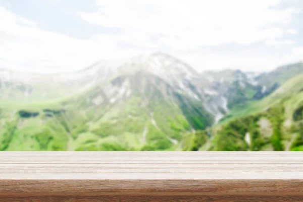 Wood Table Top Stand Blur Mountain Landscape View Backgroun — Fotografia de Stock