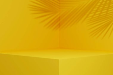 Sarı arka plandaki stüdyo iç odasında tropik palmiye gölgesi var. Minimum yaz ürünü sahne tasarımı. Ürün yerleştirme için bitki gölgesi olan 3d kare boş alan oluşturma.
