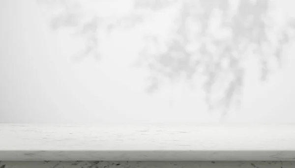 Mesa Mármore Luxo Com Sombra Planta Parede Branca Para Exibição — Fotografia de Stock