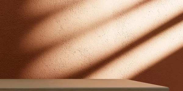 Empty Wooden Desk Room Light Shadow Orange Wall — Stockfoto