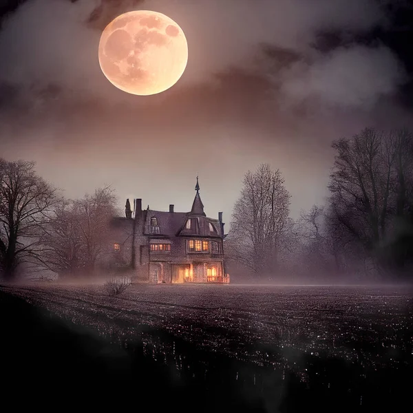 Halloween night scene with haunted house and full moon. Horror old mansion on abandoned estate.