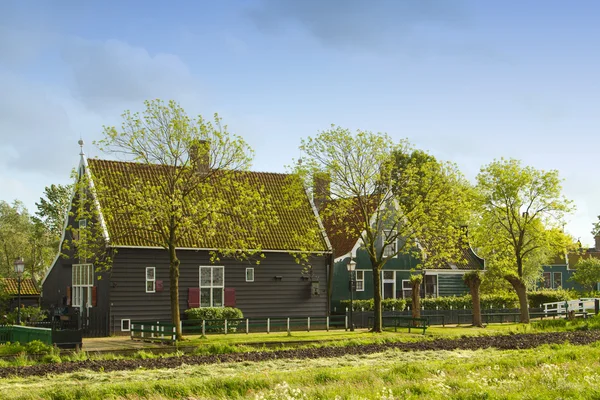 Kırsal bir Hollandalı küçük eski evleri ve zaanse, net kanalda toplayan — Stok fotoğraf
