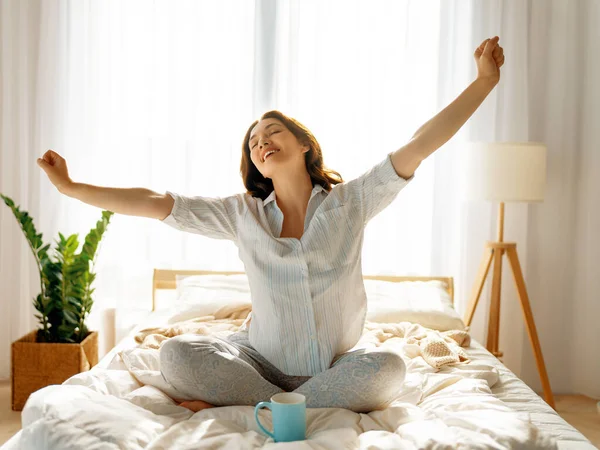 Happy Young Woman Enjoying Sunny Morning Bed — Stock Photo, Image
