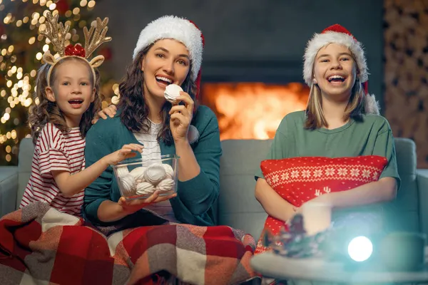 Merry Christmas Happy New Year People Having Fun Tree Indoors — Stock Photo, Image