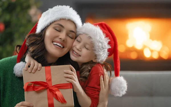 Merry Christmas Happy Holidays Cheerful Mother Her Cute Daughter Girl — Stock Photo, Image