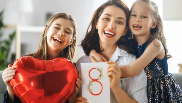 Happy International Women Day Children Daughters Congratulating Mother Giving Her — Stock Photo, Image