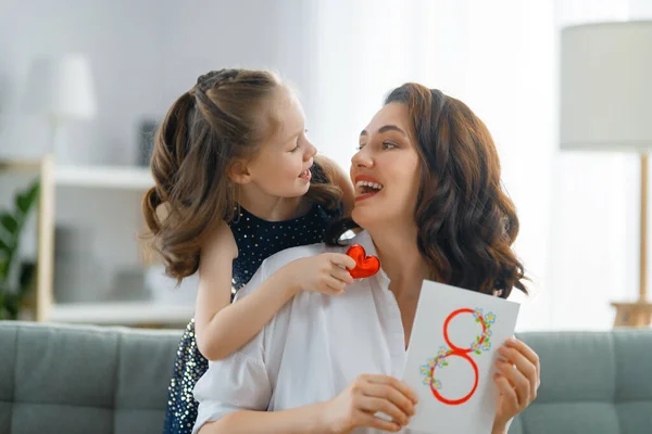Happy International Women Day Child Daughter Congratulating Mother Giving Her — Stock Photo, Image