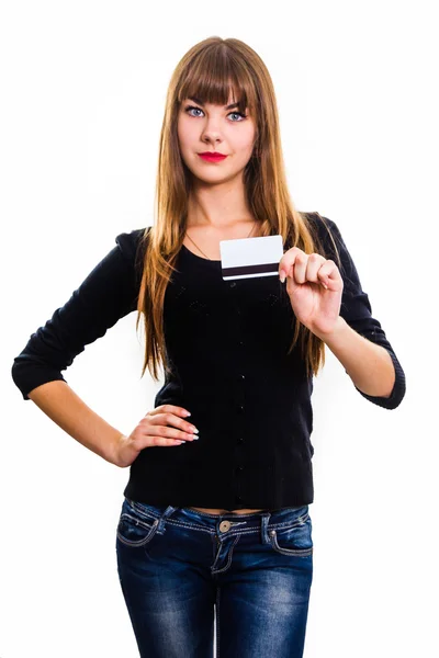 The young girl holds out business card. — Stock Photo, Image