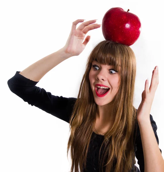 The pretty, young Girl and red apple. Isolated on white. — Stock Photo, Image