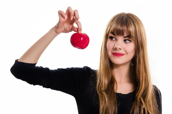 The pretty, young Girl and red apple. Isolated on white. — Stock Photo, Image