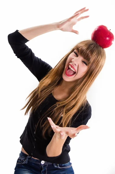 The pretty, young Girl and red apple. Isolated on white. — Stock Photo, Image