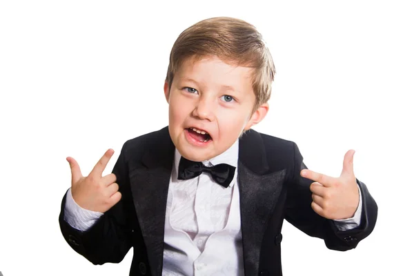 Vrolijke jongen in een smoking, isolatie — Stockfoto