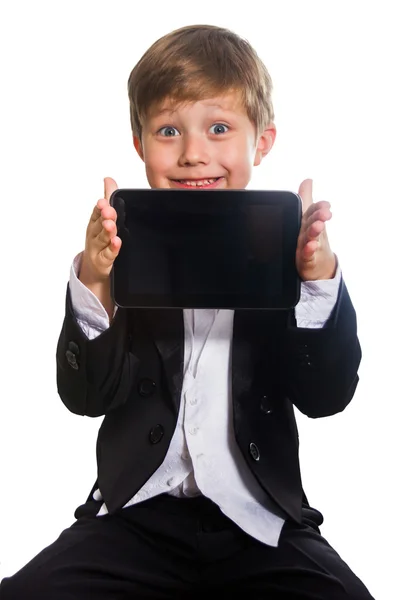 聪明的男孩和孤立的平板电脑， — 图库照片