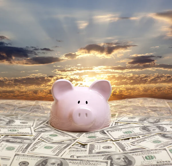 Piggy bank em uma pilha de dólares — Fotografia de Stock