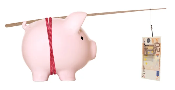 Piggy bank and fifty euro on fishing hook — Stock Photo, Image