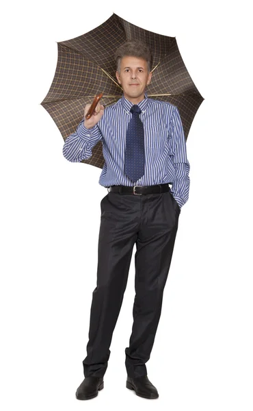 Isolierter erwachsener Geschäftsmann mit Regenschirm — Stockfoto