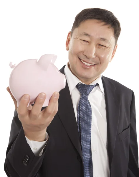 Businness man with piggy bank — Stock Photo, Image