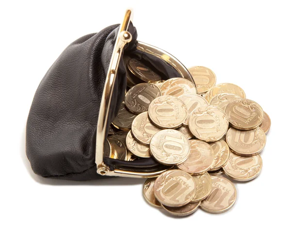 Кожаный кошелек и золотые монеты — стоковое фото