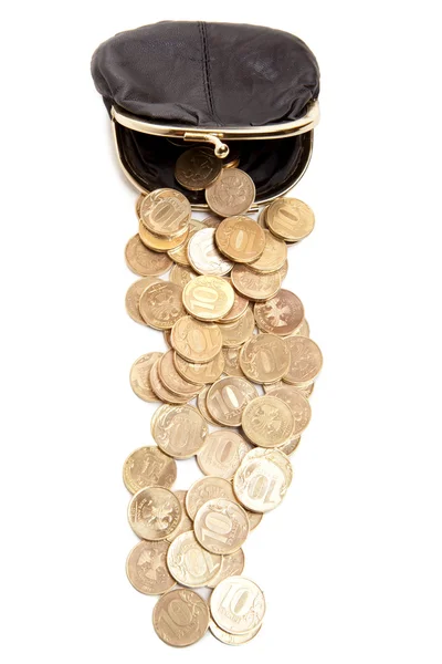 Leather purse and coins — Stock Photo, Image
