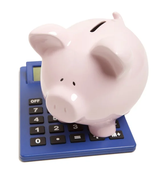 Pink piggy bank and calculator — Stock Photo, Image