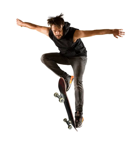 Skateboarder Doet Een Sprongtruc Freestyle Extreme Sport Concept Geïsoleerd Witte — Stockfoto