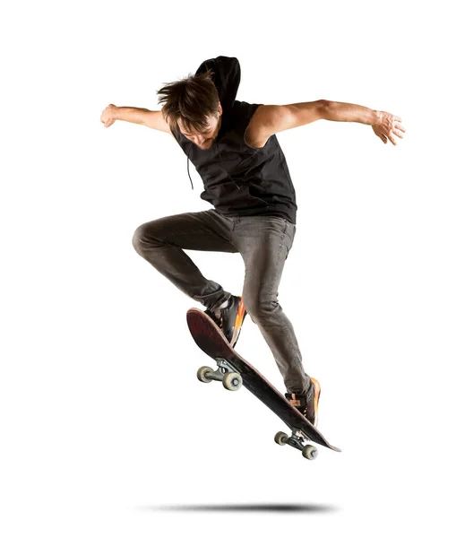 滑板手在做跳跃动作 在白人背景下孤立的自由式极限运动概念 — 图库照片