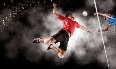 Voleybol oyuncuları iş başında. Spor afişi. Kopyalama alanı ile saldırı kavramı