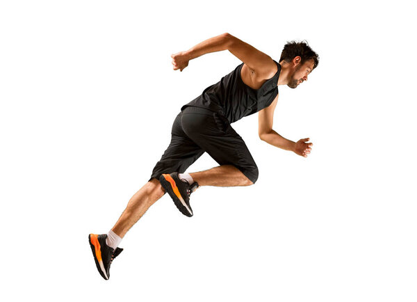 Sporty man running isolated on white background