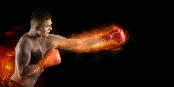 Boxeador Con Guantes Rojos Sobre Fondo Fuego Concepto Deporte Movimiento —  Fotos de Stock