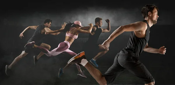 Sporty Young Woman Men Running Black Background — Stock Photo, Image