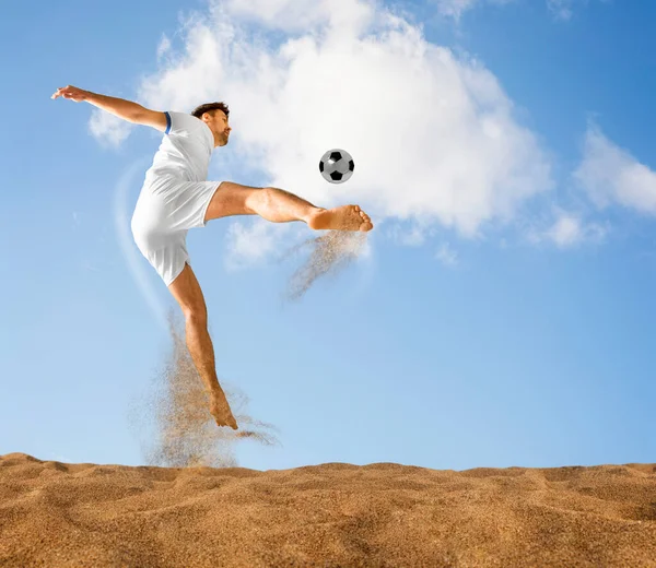 Man Footballers Desperately Playing Beach Soccer Sand Sunny Day Man Royalty Free Stock Images