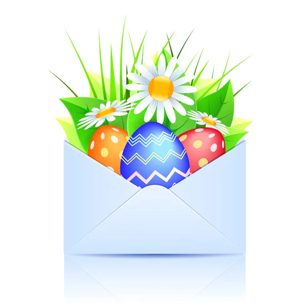 Bouquet of daisies and easter eggs in an open envelope blue — Stock Vector
