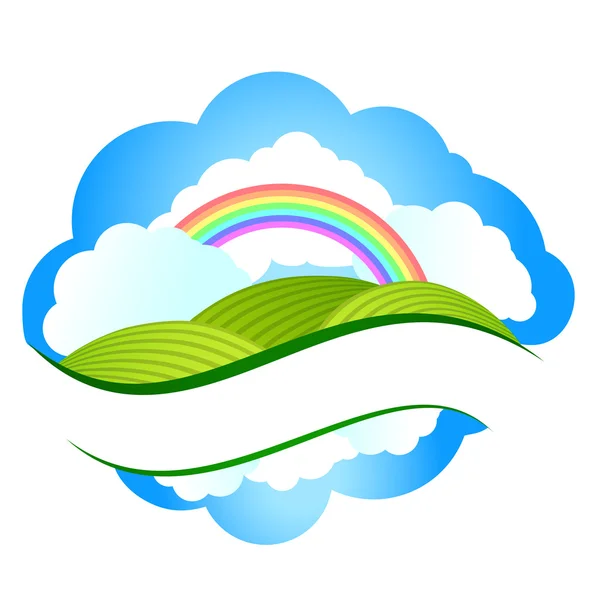 Paysage estival avec prairies et arbres sur ciel nuageux et pluie — Image vectorielle