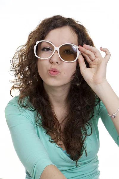 Young woman in broken glases has pouted lips — Stock Photo, Image