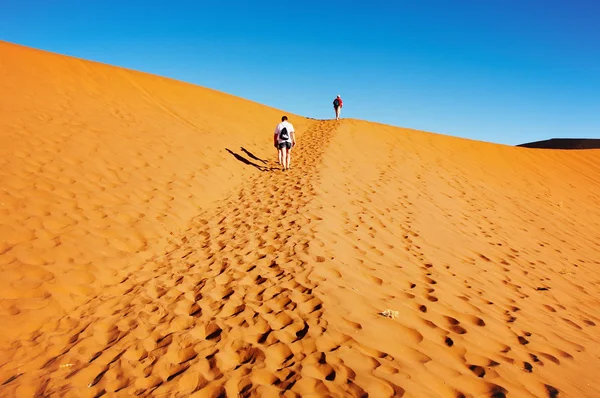 Mensen klimmen tot zandduin in de namib woestijn sossusvlei, Namibië — Stockfoto