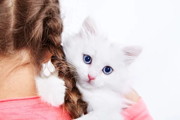 Girl with white kitty — Stock Photo, Image