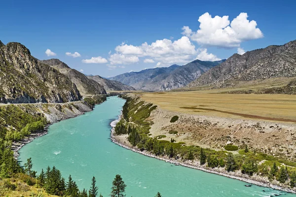 Rzeka Katun Wzdłuż Drogi Chuysky Trakt Górach Altai — Zdjęcie stockowe