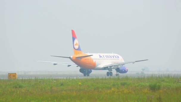 Reizigerskilometers vliegtuig landing op luchthaven — Stockvideo