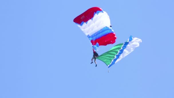 Gleitschirmflieger mit der Flagge — Stockvideo