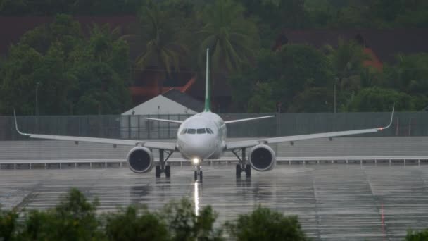 Repülőgép a repülőtéren, erős trópusi eső — Stock videók