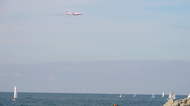 Flygplan som landar över havet — Stockvideo