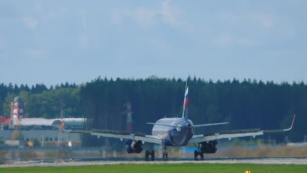 Rückansicht des Flugzeugs beim Bremsen — Stockvideo