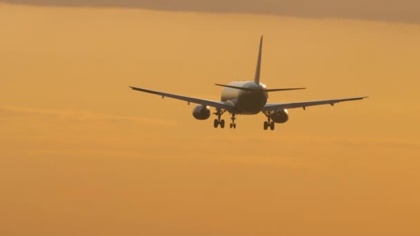 Flugzeug im Sinkflug bei Sonnenuntergang — Stockvideo