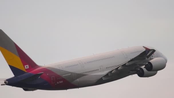 Vista lateral, Asiana Airlines vuela — Vídeo de stock
