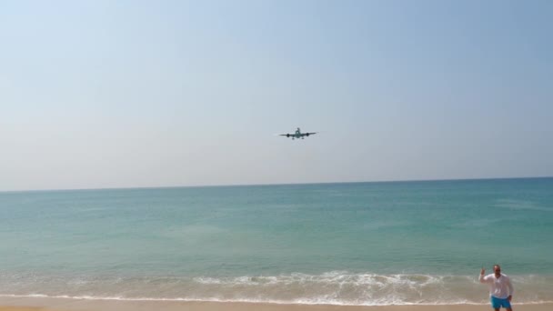 Avion au-dessus de la mer, personnes sur la plage — Video