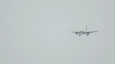 Alçak gri yağmurlu gökyüzünde uçar