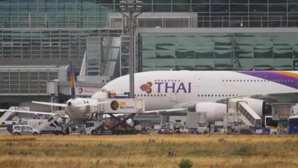 Airbus A380 Thai Airways в аэропорту — стоковое видео