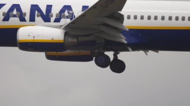 FRANKFURT AM MAIN, GERMANY - JULY 20, 2017: Ryanair Boeing 737 EI-EBP landing at runway 25L, slow motion. Fraport, Frankfurt, Germany