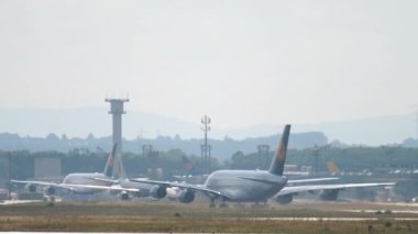 FRANKFURT AM MAIN, GERMANY - JULY 20, 2017: Lufthansa Airbus A380 departure at runway 07C. Fraport, Frankfurt, Germany