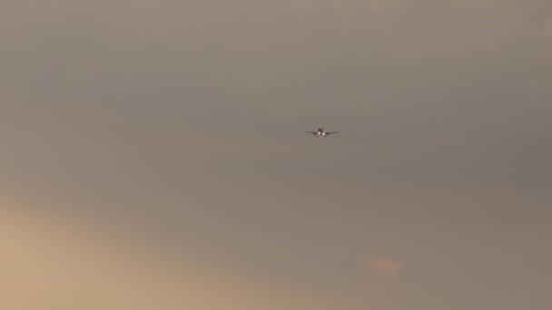 Long Shot Airplane Approaching Land Sunset Twilight Sky — Stock video